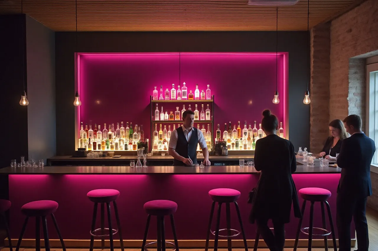Barman w kamizelce przygotowuje koktajle przy długim barze z podświetlonymi butelkami, w tle rozmawiający goście