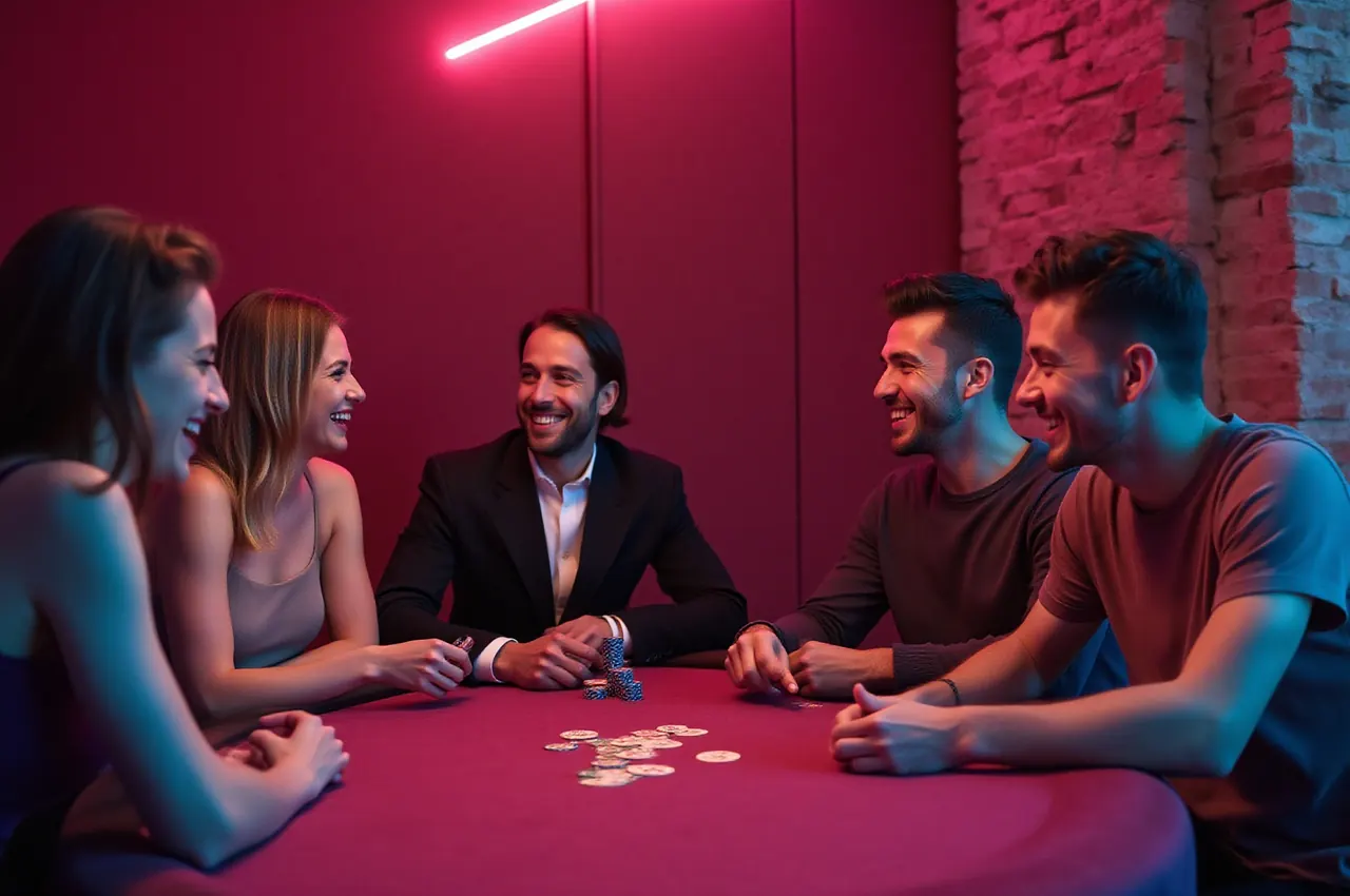 Przyjaciele śmieją się przy stole pokerowym z kartami i żetonami w kameralnej sali gier
